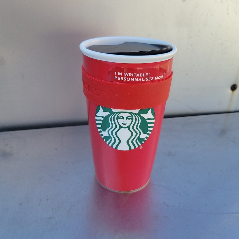 Starbucks Red Writeable Travel Mug Siren Mermaid Ceramic Tumbler & Lid 12 oz New